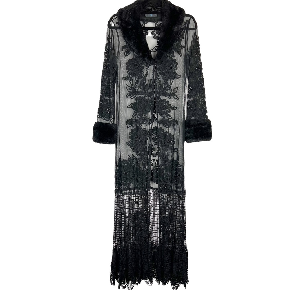 Vintage Sue Wong Nocturne Black Sheer Embroidered Long Coat